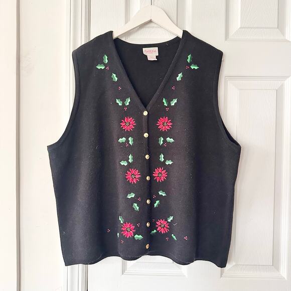 Crystal Kobe Sweaters - Crystal Kobe Woman Black Holiday Poinsettia Holly Leaves Button Sweater Vest 3X